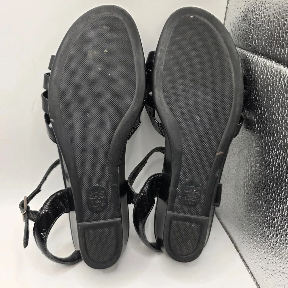 SAS Tripad Comfort Black Patent Leather Wedge Sandals Womens 8 N Made in USA